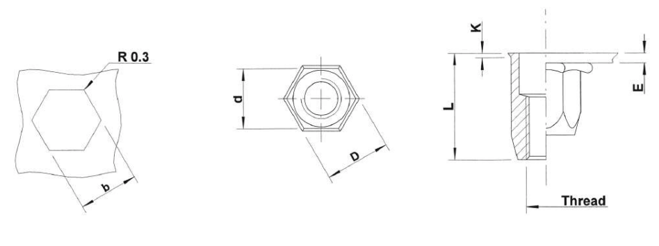BLIND RIVET NUT LOW PROFILE HEAD OPEN END Drawing