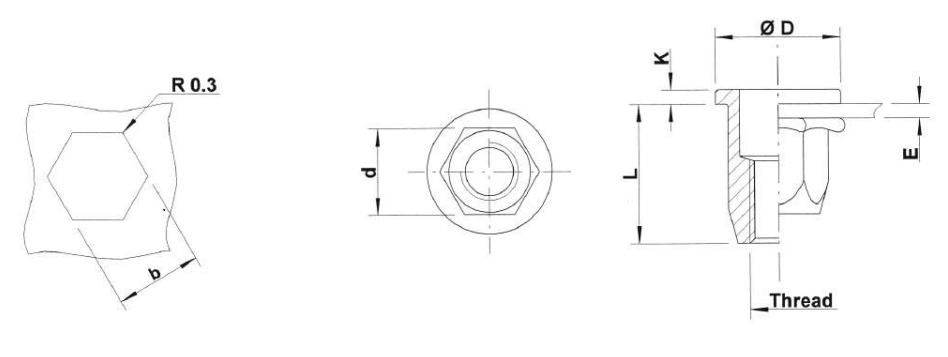 BLIND RIVET NUT FLAT HEAD OPEN END Drawing